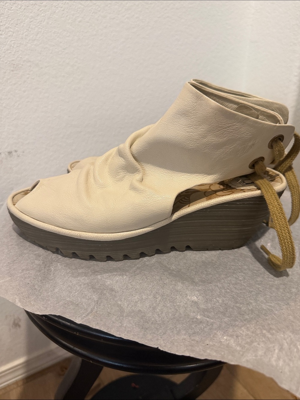 Fly London Yebi Cream Leather Platform Sandal with Brown Wedge